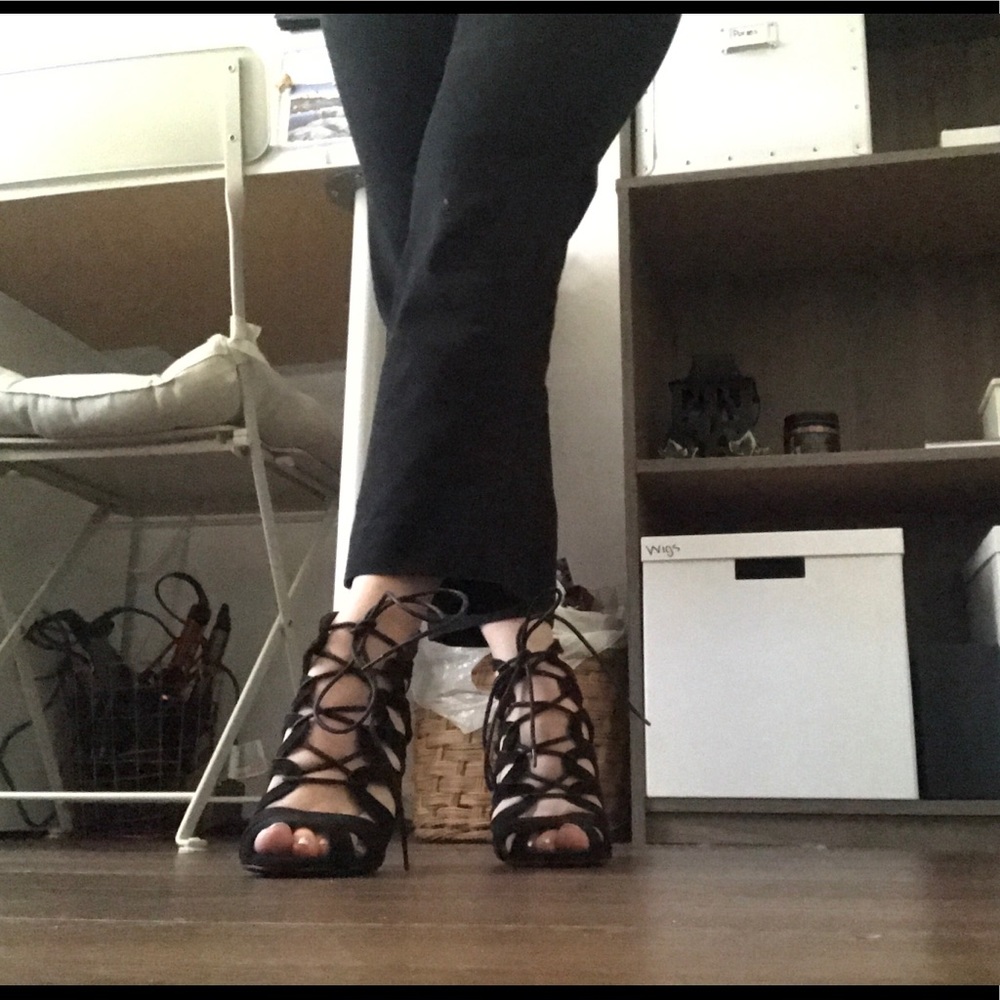 Black strap lace up heels